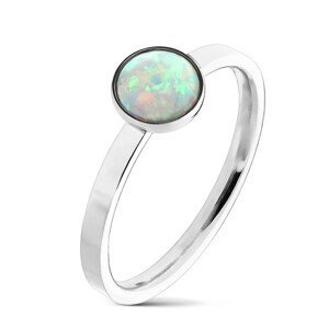 Oceľový prsteň striebornej farby, syntetický opál s dúhovými odleskami, úzke ramená - Veľkosť: 60 mm