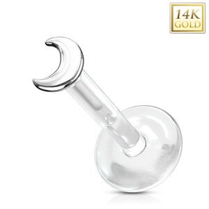 Piercing z bieleho 14K zlata do ucha, labret - priehľadný Bioflex, polmesiačik