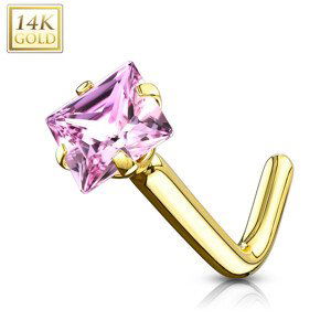 Zahnutý piercing do nosa zo žltého 14K zlata - okrúhly zirkón, ružová farba, kotlík, 0,8 mm