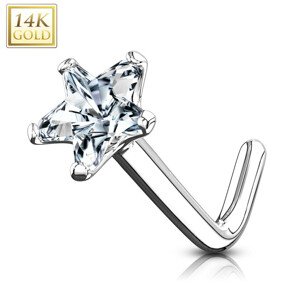 Piercing do nosa z bieleho 14K zlata - zahnutý, číra zirkónová hviezda, 0,8 mm