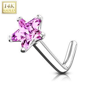 Piercing do nosa z bieleho 14K zlata - zahnutý tvar, ružová zirkónová hviezda, 0,8 mm