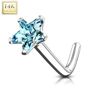 Piercing do nosa z bieleho 14K zlata - zahnutý, modrá zirkónová hviezda, 0,8 mm