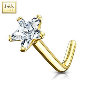 Piercing do nosa zo žltého 14K zlata - zahnutý, číry hviezdičkový zirkón, 0,8 mm