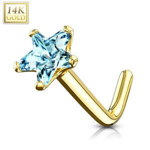 Piercing do nosa zo žltého 14K zlata - zahnutý, svetlomodrý hviezdičkový zirkón, 0,8 mm