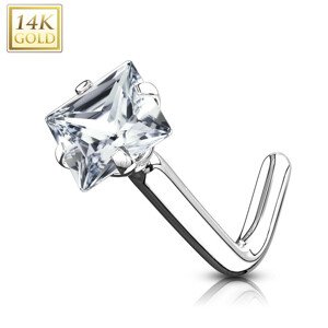 Piercing do nosa z bieleho 14K zlata - zahnutý, číry štvorcový zirkón, 0,8 mm