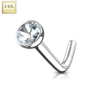 Piercing do nosa z bieleho 14K zlata - zahnutý, číry zirkón, objímka, 1 mm