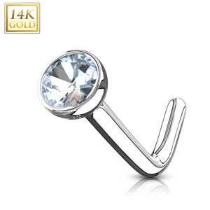 Zahnutý piercing z bieleho 585 zlata - číry zirkón, okrúhla objímka, 0,8 mm