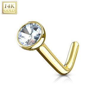 Zahnutý piercing zo žltého 585 zlata - číry zirkón, okrúhla objímka, 0,8 mm