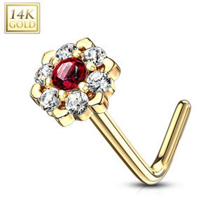 Piercing do nosa zo žltého 14K zlata - zahnutý, červeno-ružový zirkón, zirkónová línia, 0,8 mm