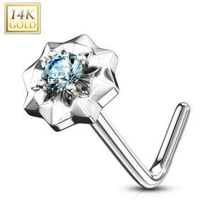 Piercing do nosa z bieleho 14K zlata - zahnutý, drobný svetlomodrý zirkón, hviezdička, 0,8 mm