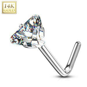 Zahnutý piercing do nosa z bieleho 14K zlata - trojuholníkový zirkón, číra farba, 0,8 mm