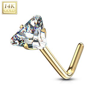 Zahnutý piercing do nosa zo žltého 14K zlata - trojuholníkový zirkón, číra farba, 0,8 mm