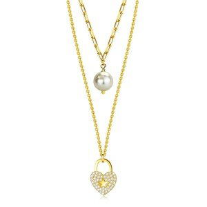 Strieborný 925 náhrdelník - zlatá farba, biela syntetická perla, srdiečková kladka, číre zirkóny