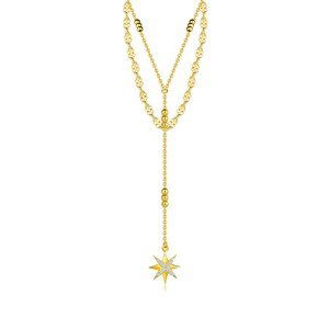 Dvojitý strieborný 925 náhrdelník - zlatá farba, zirkónová hviezda, sploštené ováliky, nastaviteľný