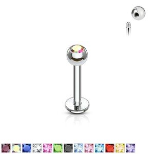 Piercing do brady z ocele - guličkové zakončenie s trblietavým zirkónikom - Rozmer: 1,6 mm x 10 mm x 3 mm, Farba zirkónu: Fuksiová - F