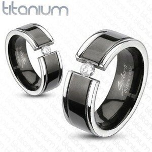 Prsteň z titánu - čierny pás, zirkón - Veľkosť: 62 mm