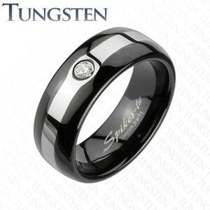 Tungstenový čierny prsteň - pás v striebornej farbe, zirkón - Veľkosť: 63 mm