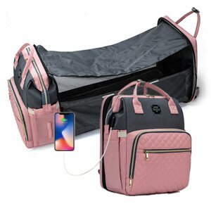 LEQUEEN Prebalovací batoh na kočík so zabudovanou postieľkou - ružovo-sivý