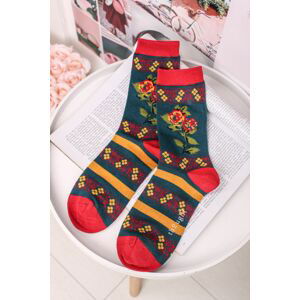 Tyrkysovo-červené ponožky Folk Floral Socks