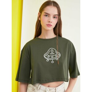 Zelený dámsky crop top s potlačou Trendyol