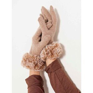 Béžové vlnené rukavice s umelým kožúškom CAMAIEU