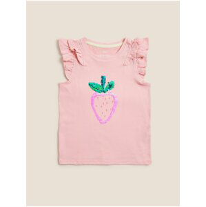Tričko z čistej bavlny s flitrami a jahodovým motívom Marks & Spencer ružová