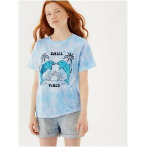 Tričko z čistej bavlny s flitrami a nápisom „Chill Vibes“(6–16 rokov) Marks & Spencer modrá