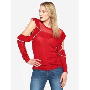 Červený sveter s prestrihmi na ramenách a volánmi French Connection Lois