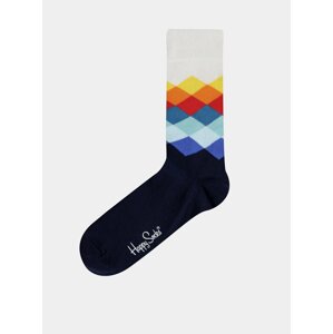 Bielo-modré unisex ponožky s farebnými kockami Happy Socks Faded Diamond