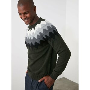 Tmavozelený pánsky vzorovaný vlnený sveter Trendyol