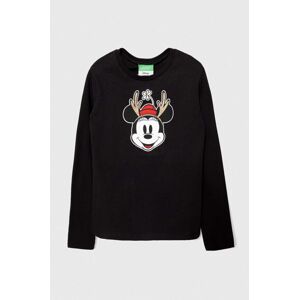 Detská bavlnená košeľa s dlhým rukávom United Colors of Benetton x Disney čierna farba, s potlačou