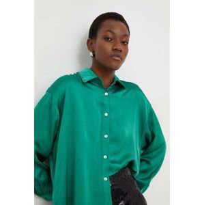 Tričko s prímesou hodvábu Answear Lab zelená farba, voľný strih, s klasickým golierom