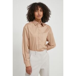 Bavlnená košeľa Calvin Klein dámska, béžová farba, voľný strih, s klasickým golierom