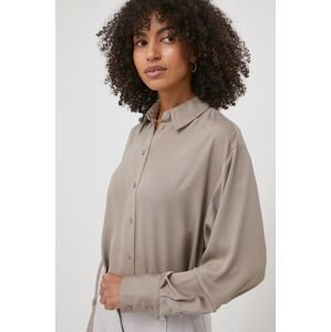 Košeľa Calvin Klein dámska, béžová farba, voľný strih, s klasickým golierom