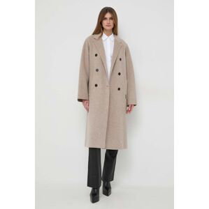 Vlnený kabát Karl Lagerfeld béžová farba, prechodný, dvojradový