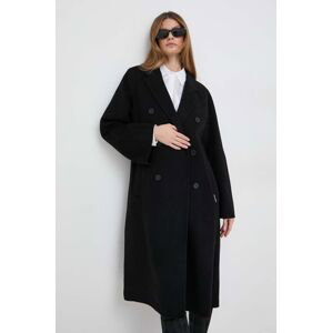 Vlnený kabát Karl Lagerfeld čierna farba, prechodný, dvojradový