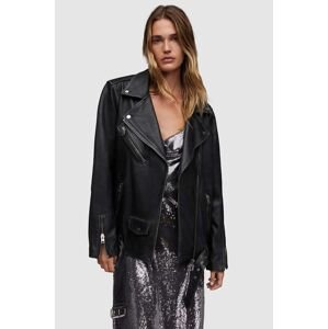 Kožená bunda AllSaints Billie dámska, čierna farba, prechodná, oversize