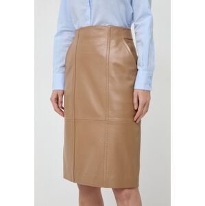 Kožená sukňa BOSS béžová farba, midi, rovný strih