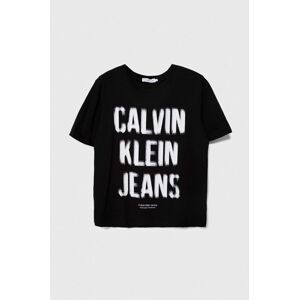 Detské bavlnené tričko Calvin Klein Jeans čierna farba, s potlačou