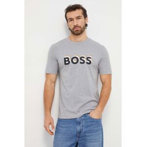 Bavlnené tričko BOSS pánsky, šedá farba, s potlačou