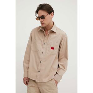 Rifľová košeľa HUGO pánska,béžová farba,regular,s klasickým golierom,50500199
