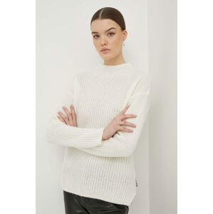Vlnený sveter HUGO dámsky, béžová farba, s polorolákom