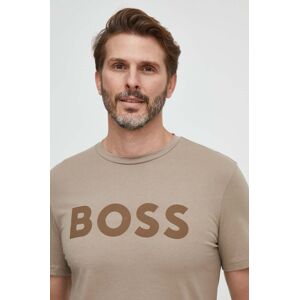 Bavlnené tričko BOSS BOSS CASUAL pánske, hnedá farba, s potlačou