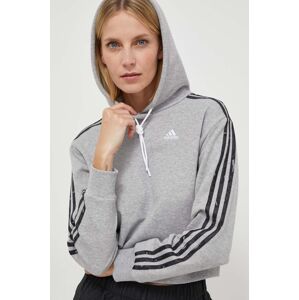 Bavlnená mikina adidas dámska, šedá farba, s kapucňou, s potlačou