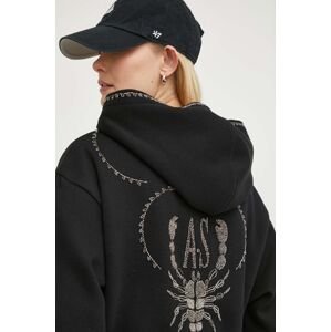 Mikina AllSaints SCORPION dámska, čierna farba, s kapucňou, s potlačou