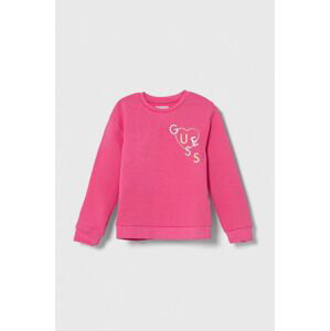 Detská bavlnená mikina Guess ružová farba, s nášivkou