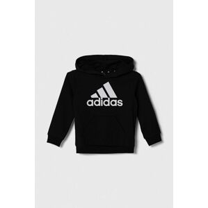 Detská mikina adidas čierna farba, s kapucňou, s potlačou