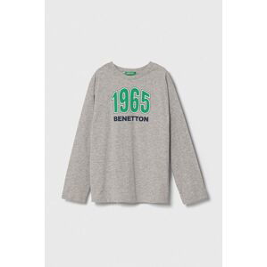 Detská bavlnená košeľa s dlhým rukávom United Colors of Benetton šedá farba, s potlačou