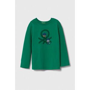 Detská bavlnená košeľa s dlhým rukávom United Colors of Benetton zelená farba, s potlačou