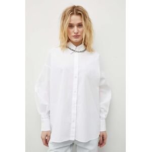Bavlnená košeľa Drykorn dámska, biela farba, voľný strih, s klasickým golierom